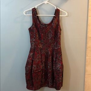 Red black and silver floral print cocktail dress